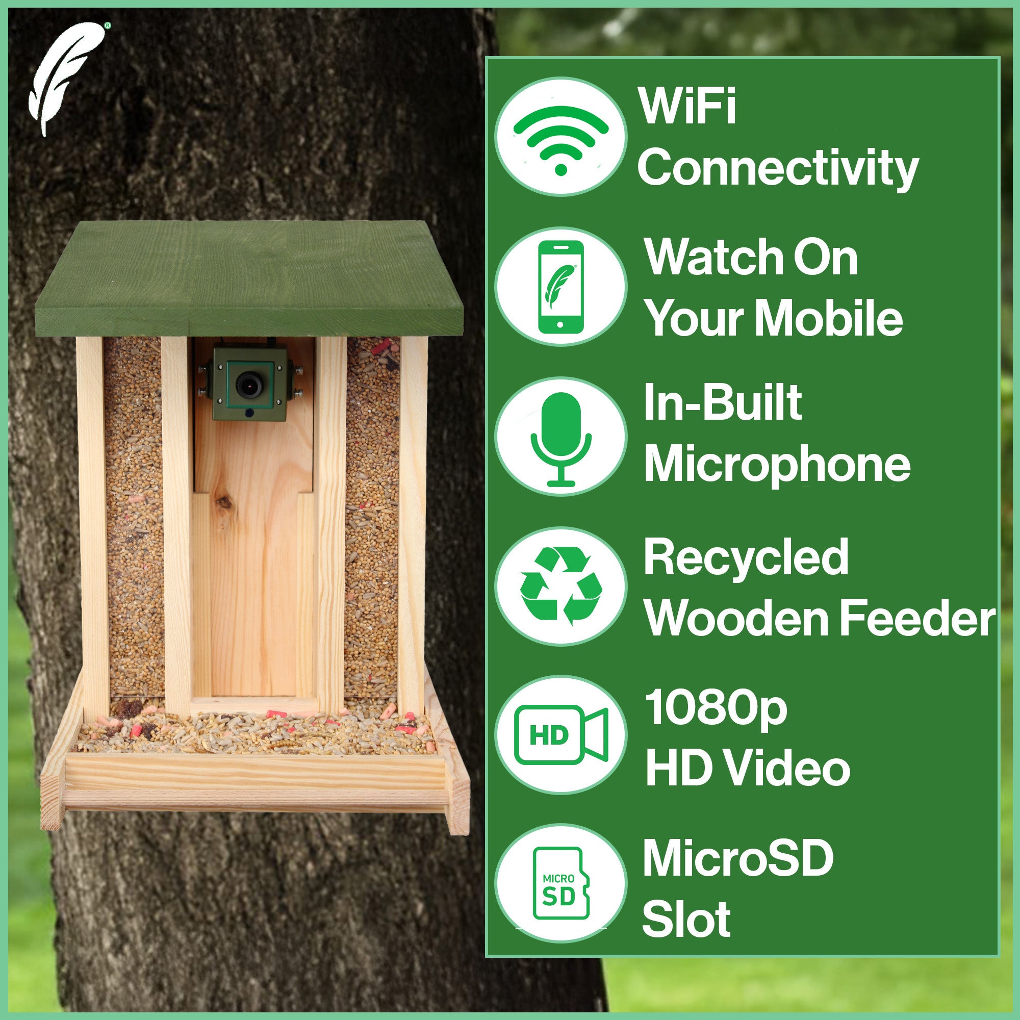 WiFi Camera Wooden Bird Feeder | Green Feathers