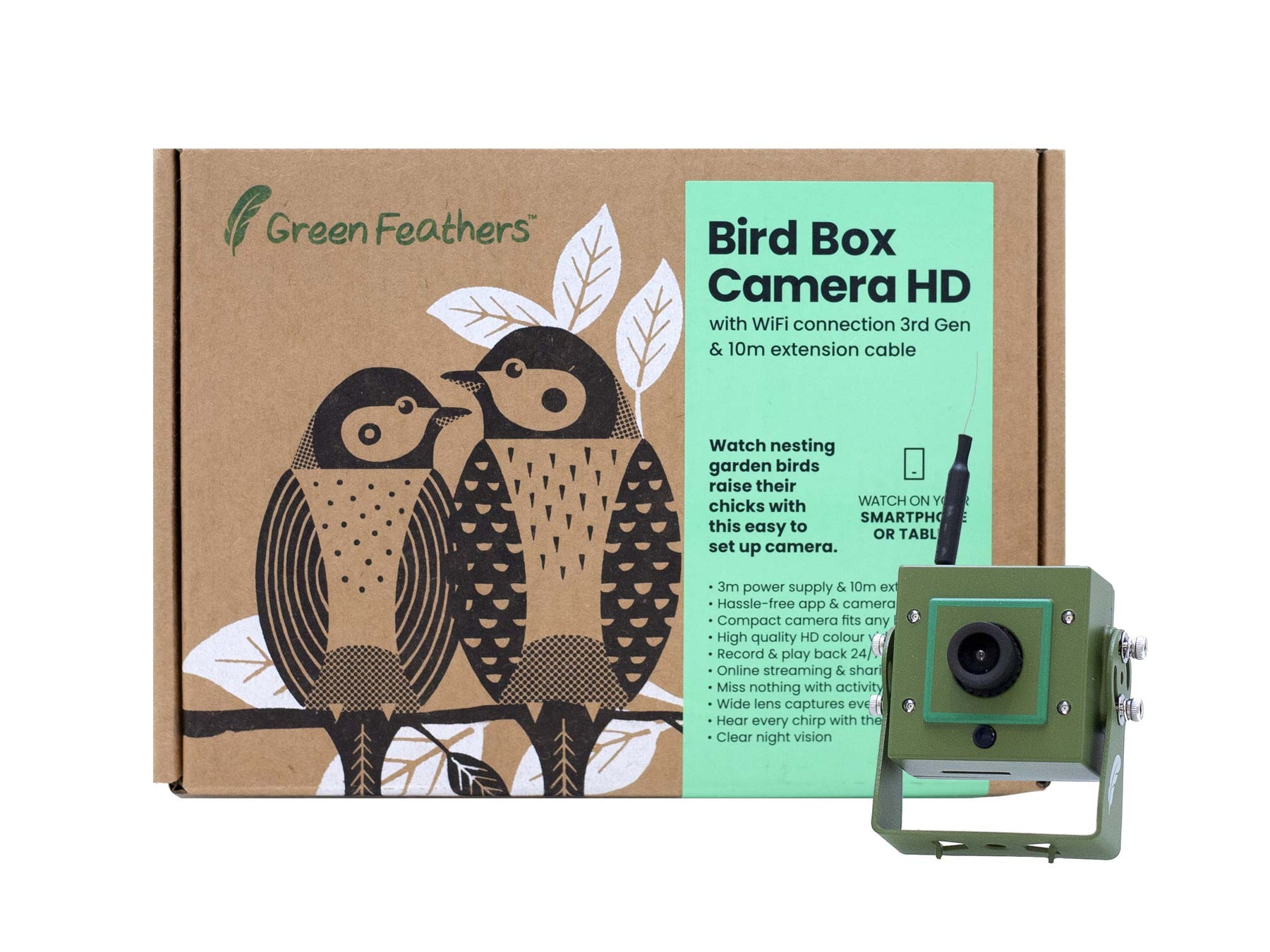 Camera Kit Box HD Bird Box Camera Kit 1080p WiFi - Complete Set | Green Feathers